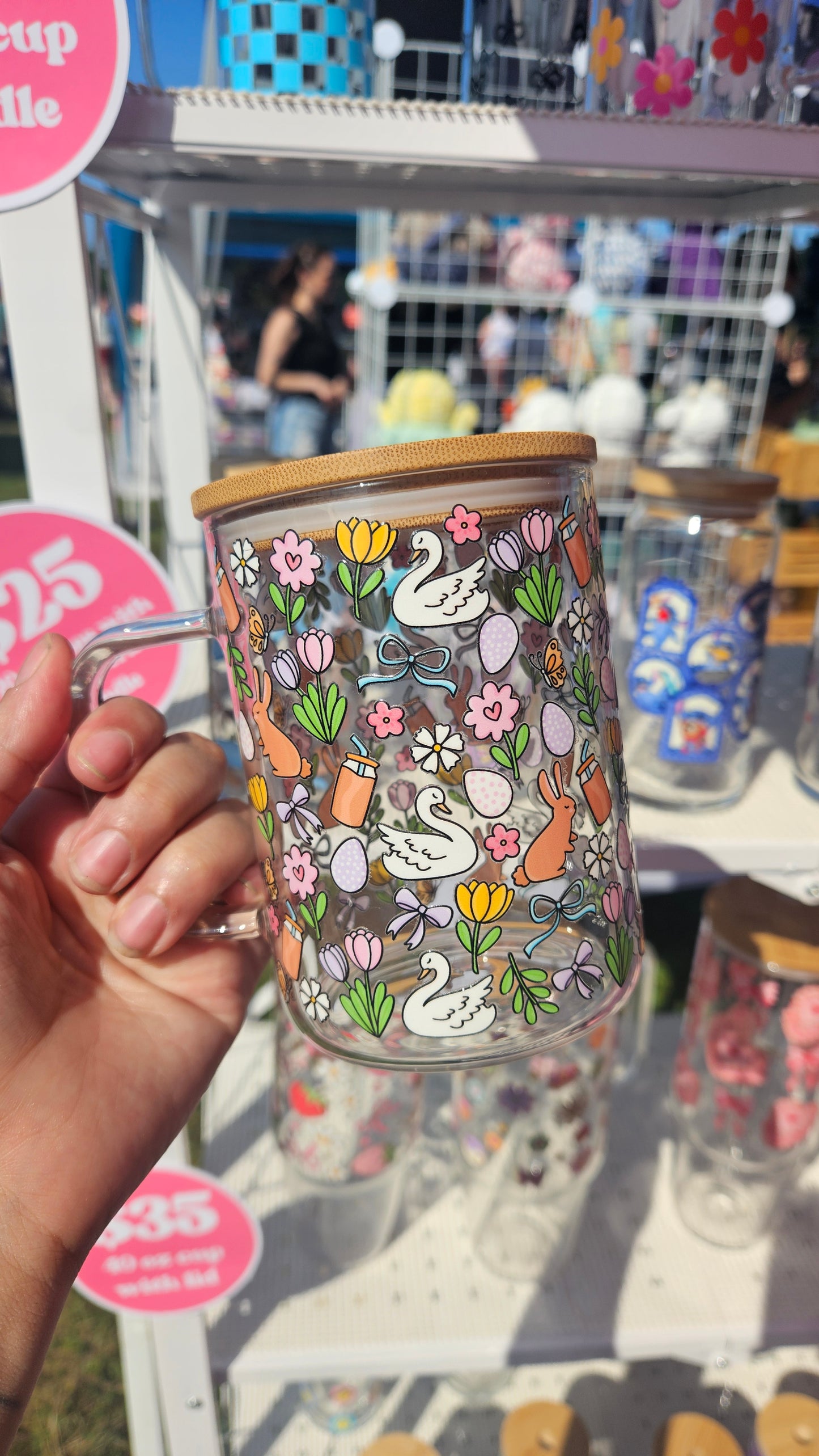 Bunny springtime Glass Cup with handle