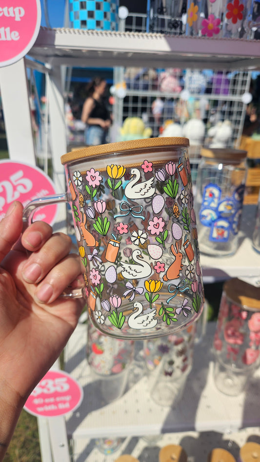 Bunny springtime Glass Cup with handle