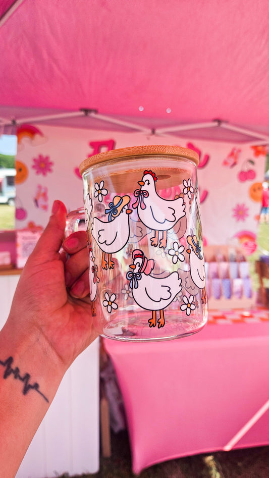 Girly Chicken Glass Cup with handle