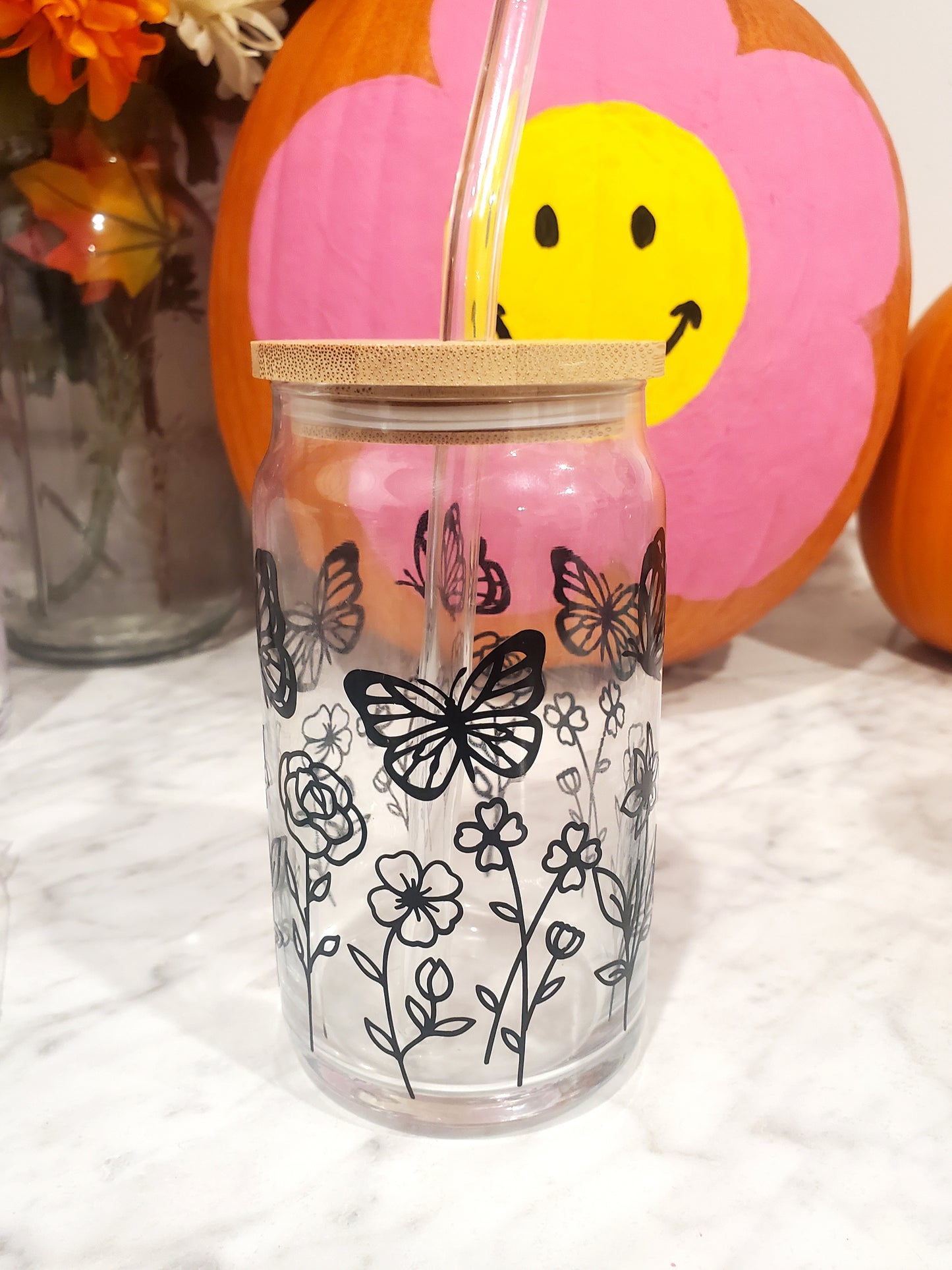 Butterfly Garden Glass Can Cup