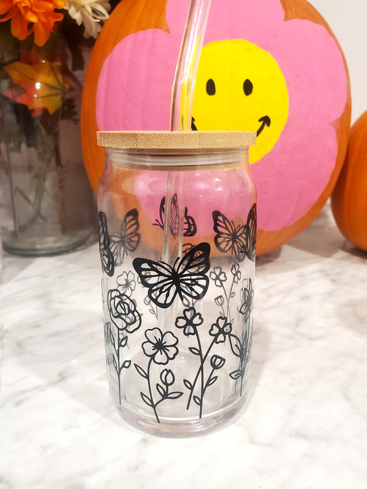 Butterfly Garden Glass Can Cup